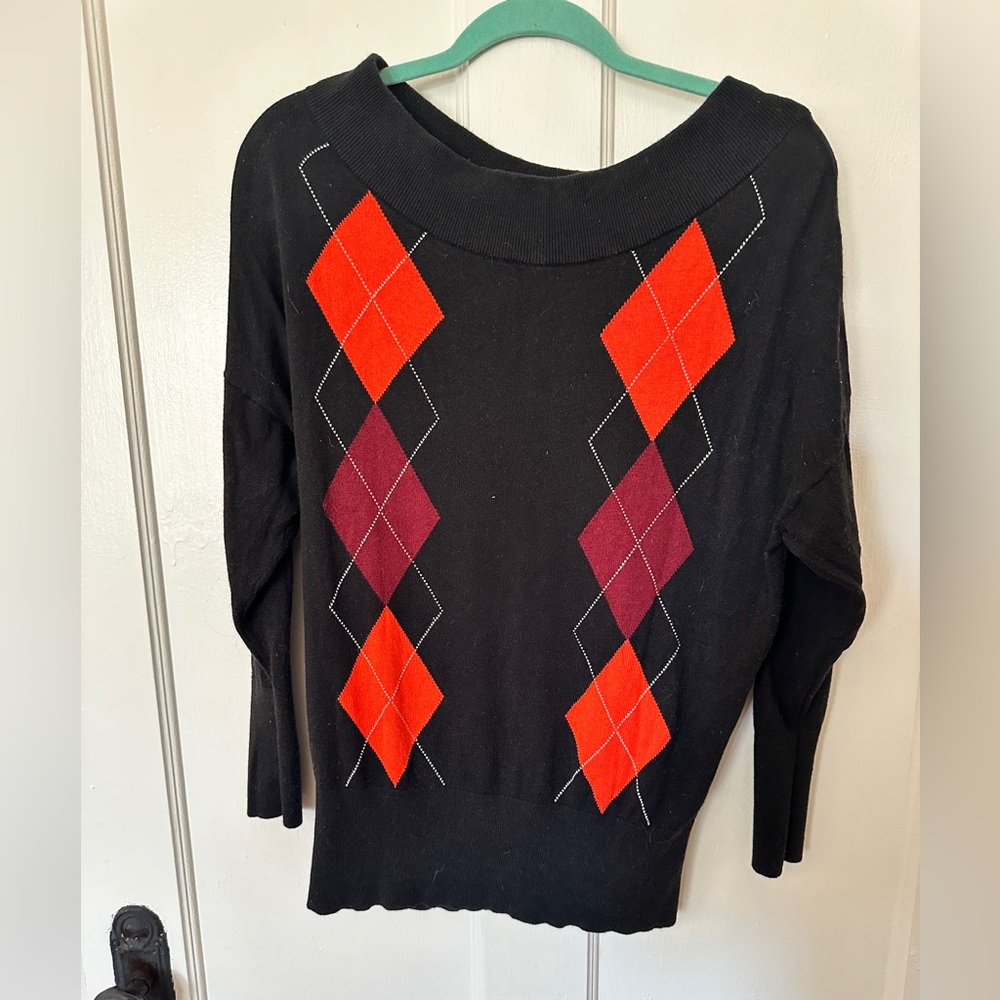 Express Black Sweater with Red and Orange Argyle